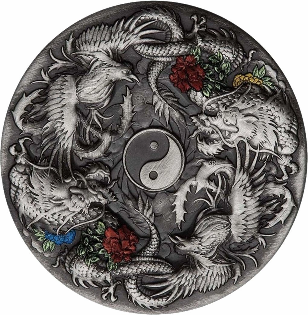2 oz Silver Double Dragon and Phoenix 2021 AF (Mintage: 888 | Antique Finish)