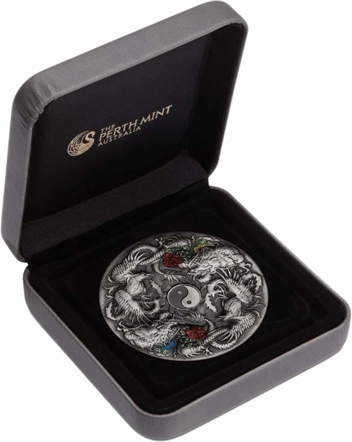 2 oz Silver Double Dragon and Phoenix 2021 AF (Mintage: 888 | Antique Finish)