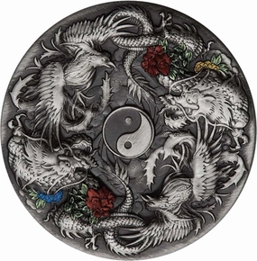2 oz Silver Double Dragon and Phoenix 2021 AF (Mintage: 888 | Antique Finish)