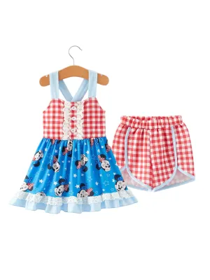 4. Juli Cartoon-Charakter Druck Karo Niedliches Mädchen Outfit Set