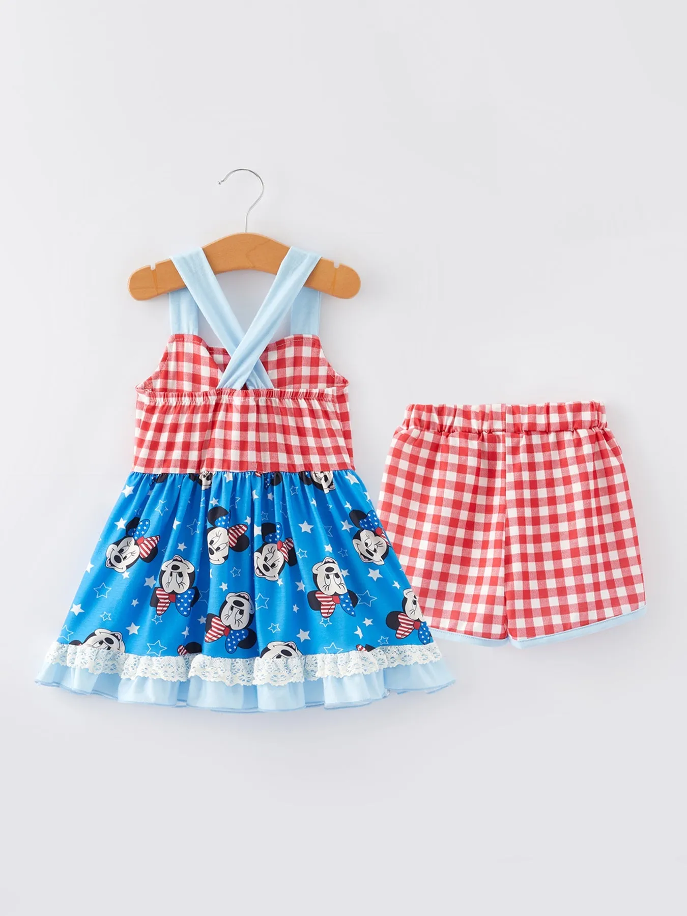 4. Juli Cartoon-Charakter Druck Karo Niedliches Mädchen Outfit Set