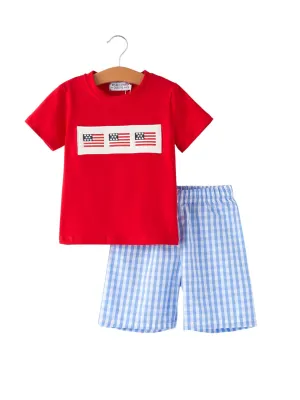 4. Juli Flaggenstickerei Smocking Jungen-Set