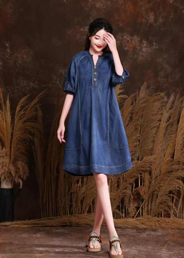 Herbstliche Denim-Stickerei V-Ausschnitt Damenkleider