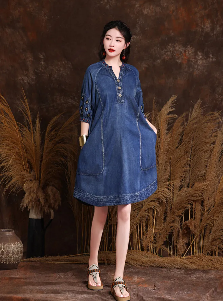 Herbstliche Denim-Stickerei V-Ausschnitt Damenkleider