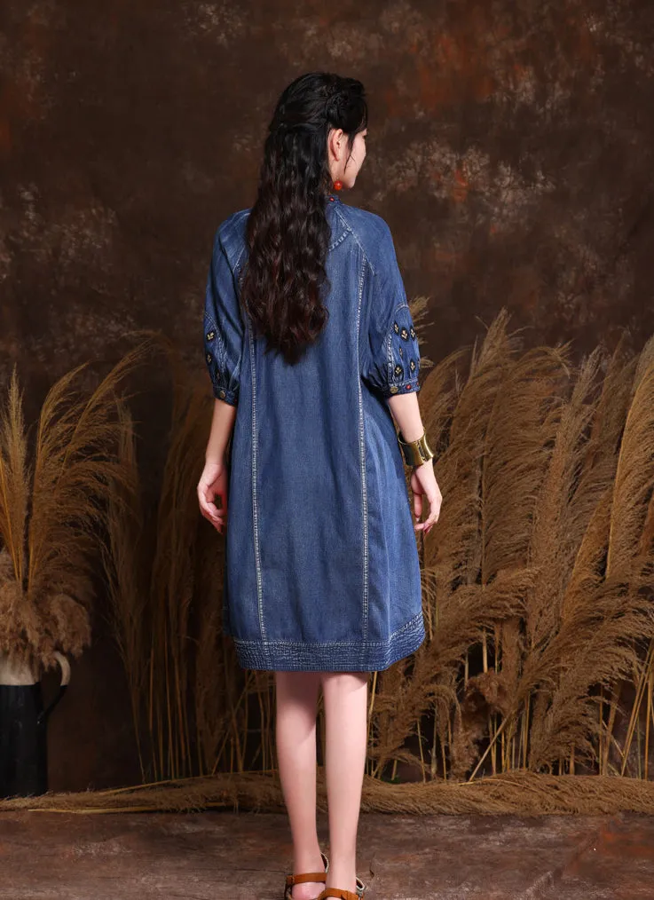Herbstliche Denim-Stickerei V-Ausschnitt Damenkleider