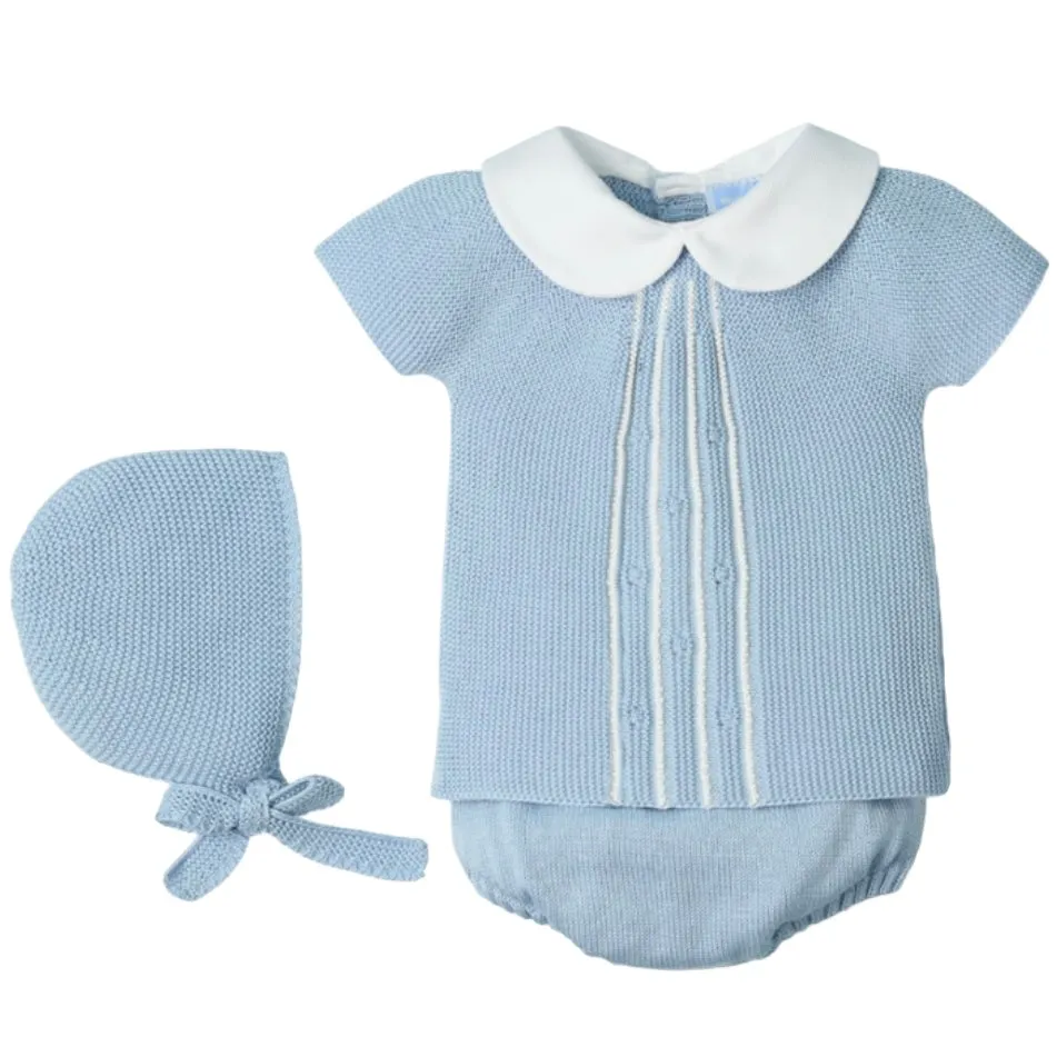 Blaues Strick-3-teiliges Kurzarm-Set für Babyjungen