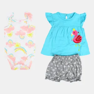 3-teiliges Baumwoll-Outfit-Set für Baby-Mädchen im Aqua-Flamingo-Design