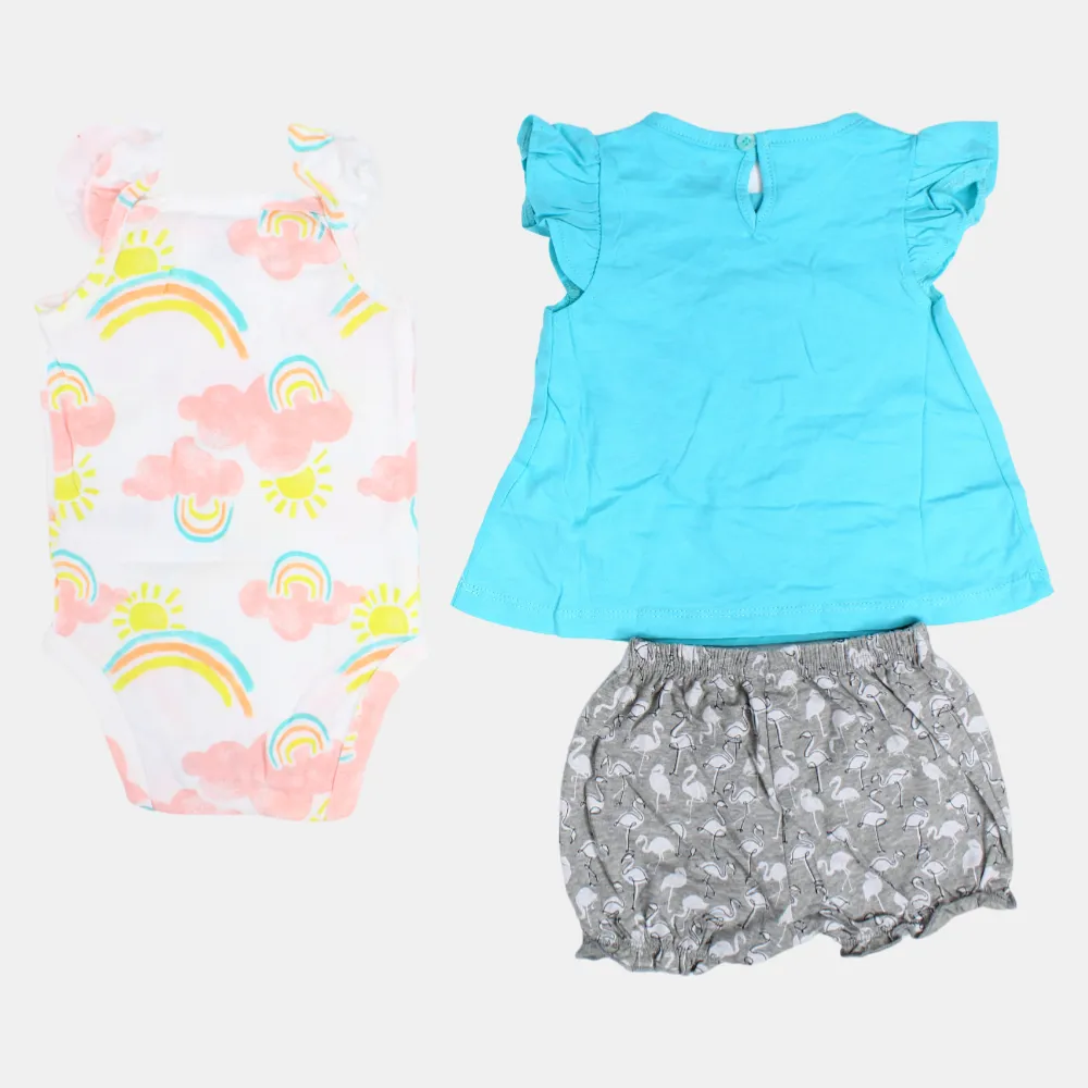 3-teiliges Baumwoll-Outfit-Set für Baby-Mädchen im Aqua-Flamingo-Design
