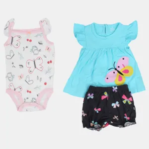 Baby-Mädchen Baumwoll 3-teiliges Outfit-Set – Aqua mit Schmetterlingsdesign