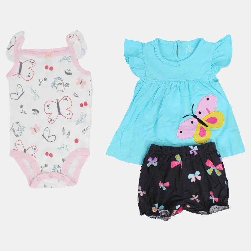 Baby-Mädchen Baumwoll 3-teiliges Outfit-Set – Aqua mit Schmetterlingsdesign