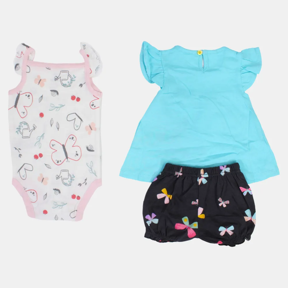 Baby-Mädchen Baumwoll 3-teiliges Outfit-Set – Aqua mit Schmetterlingsdesign
