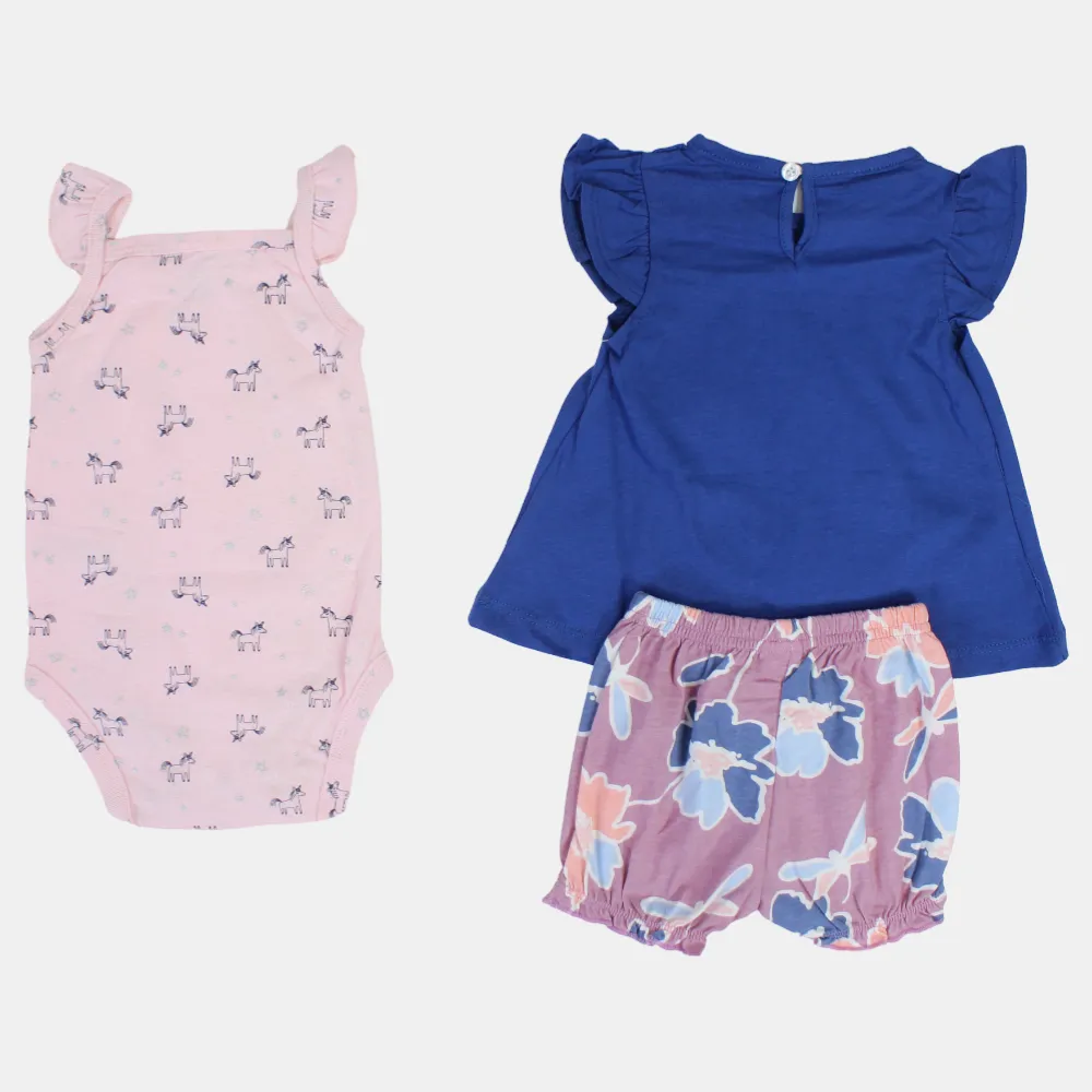 Baumwoll-3-teiliges Outfit-Set für Mädchen – Indigoblau mit fliegendem Einhorn-Design