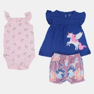 Baumwoll-3-teiliges Outfit-Set für Mädchen – Indigoblau mit fliegendem Einhorn-Design