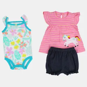 Baumwoll-3-teiliges Outfit-Set für Mädchen – Rosa gestreift mit Einhorn-Design