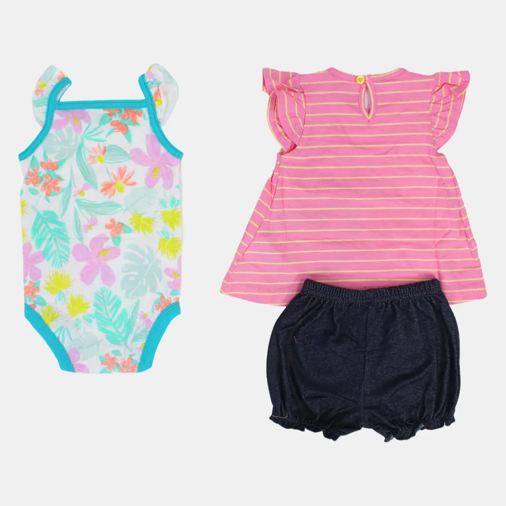 Baumwoll-3-teiliges Outfit-Set für Mädchen – Rosa gestreift mit Einhorn-Design