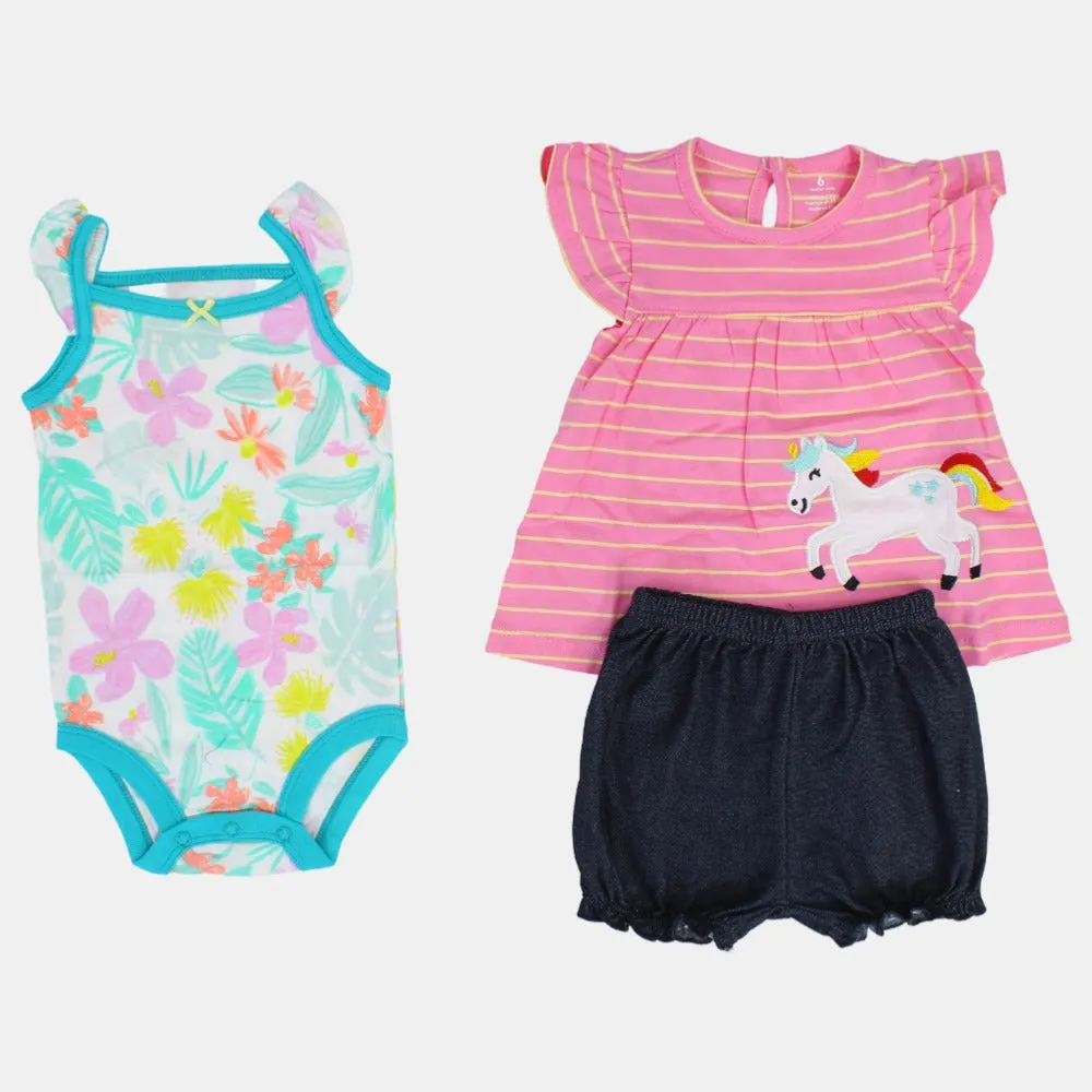 Baumwoll-3-teiliges Outfit-Set für Mädchen – Rosa gestreift mit Einhorn-Design