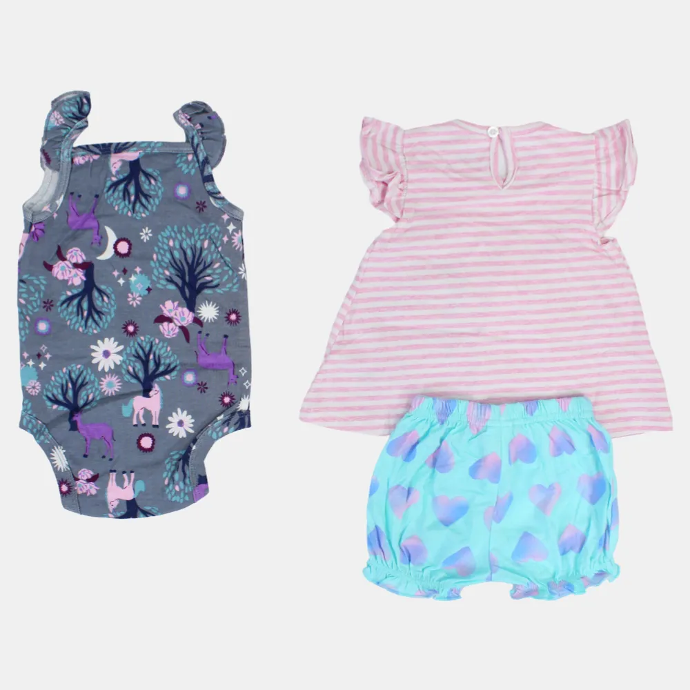 Baby-Mädchen Baumwoll 3-teiliges Outfit-Set – Rosa mit Streifen und Einhorn-Design