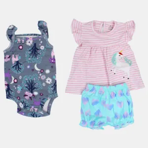 Baby-Mädchen Baumwoll 3-teiliges Outfit-Set – Rosa mit Streifen und Einhorn-Design