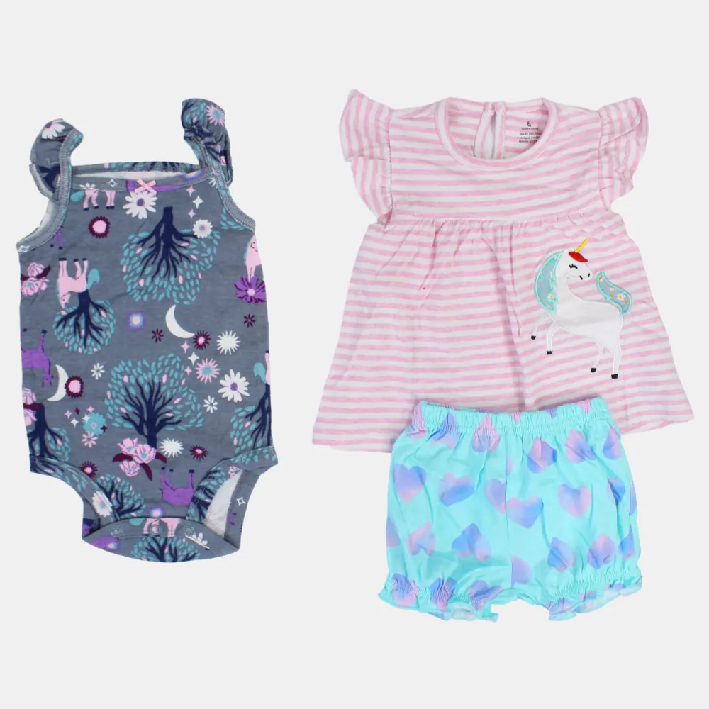 Baby-Mädchen Baumwoll 3-teiliges Outfit-Set – Rosa mit Streifen und Einhorn-Design