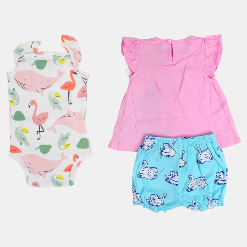 Baby-Mädchen Baumwoll 3-teiliges Outfit-Set – Rosa mit Schwanen-Print