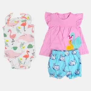 Baby-Mädchen Baumwoll 3-teiliges Outfit-Set – Rosa mit Schwanen-Print