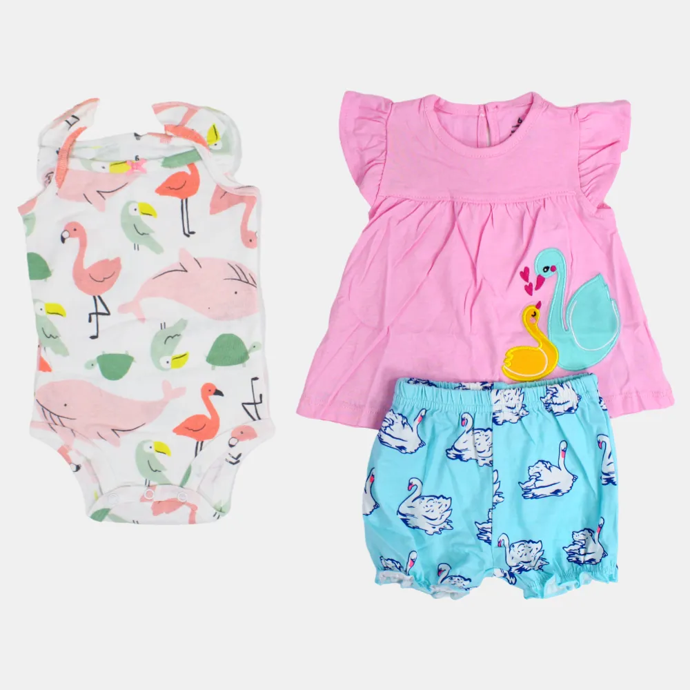 Baby-Mädchen Baumwoll 3-teiliges Outfit-Set – Rosa mit Schwanen-Print