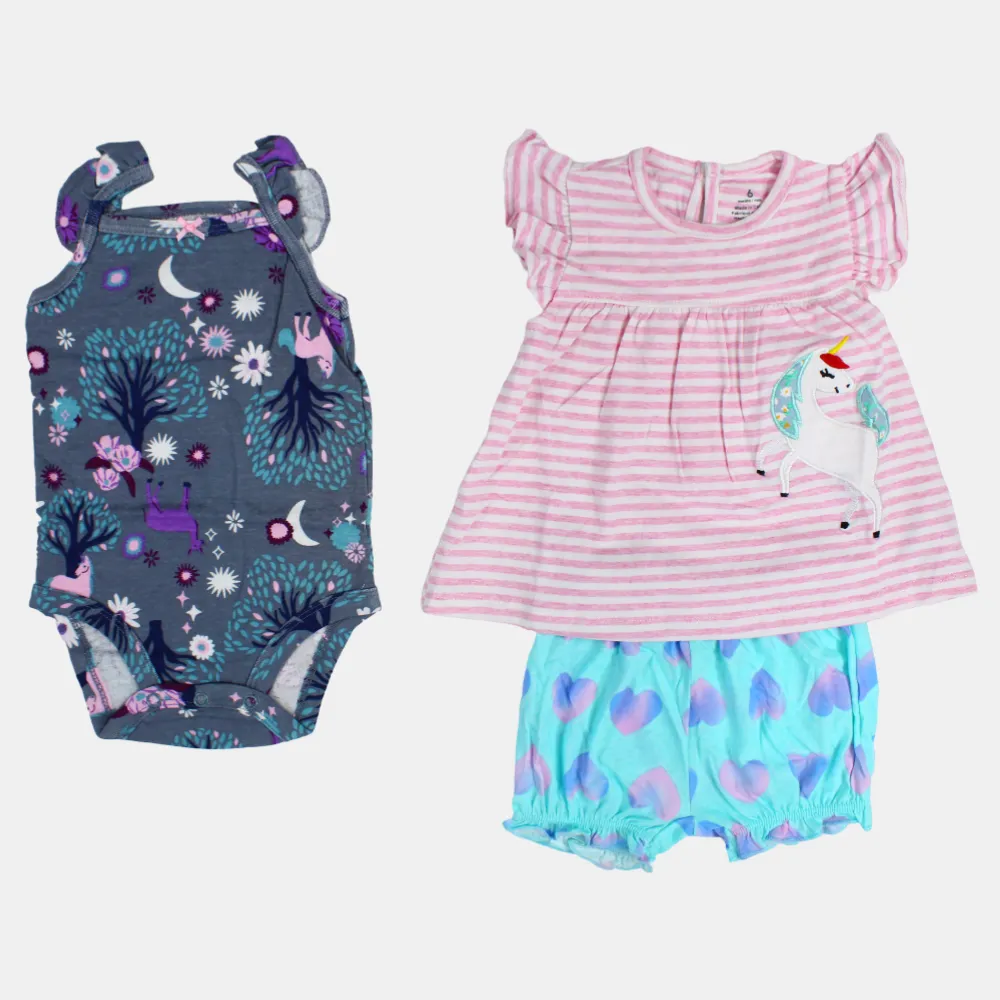 Baumwoll-3-teiliges Outfit-Set für Mädchen – Pink mit Einhorn-Print