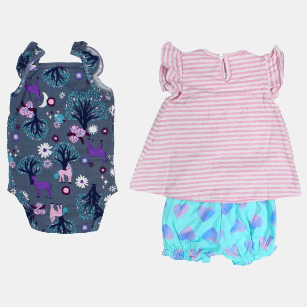 Baumwoll-3-teiliges Outfit-Set für Mädchen – Pink mit Einhorn-Print