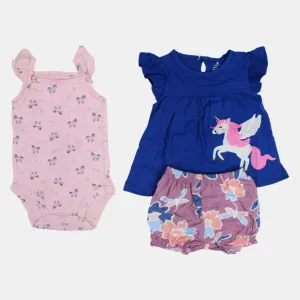 3-teiliges Baumwoll-Outfit-Set für Baby-Mädchen im Indigo-Einhorn-Design