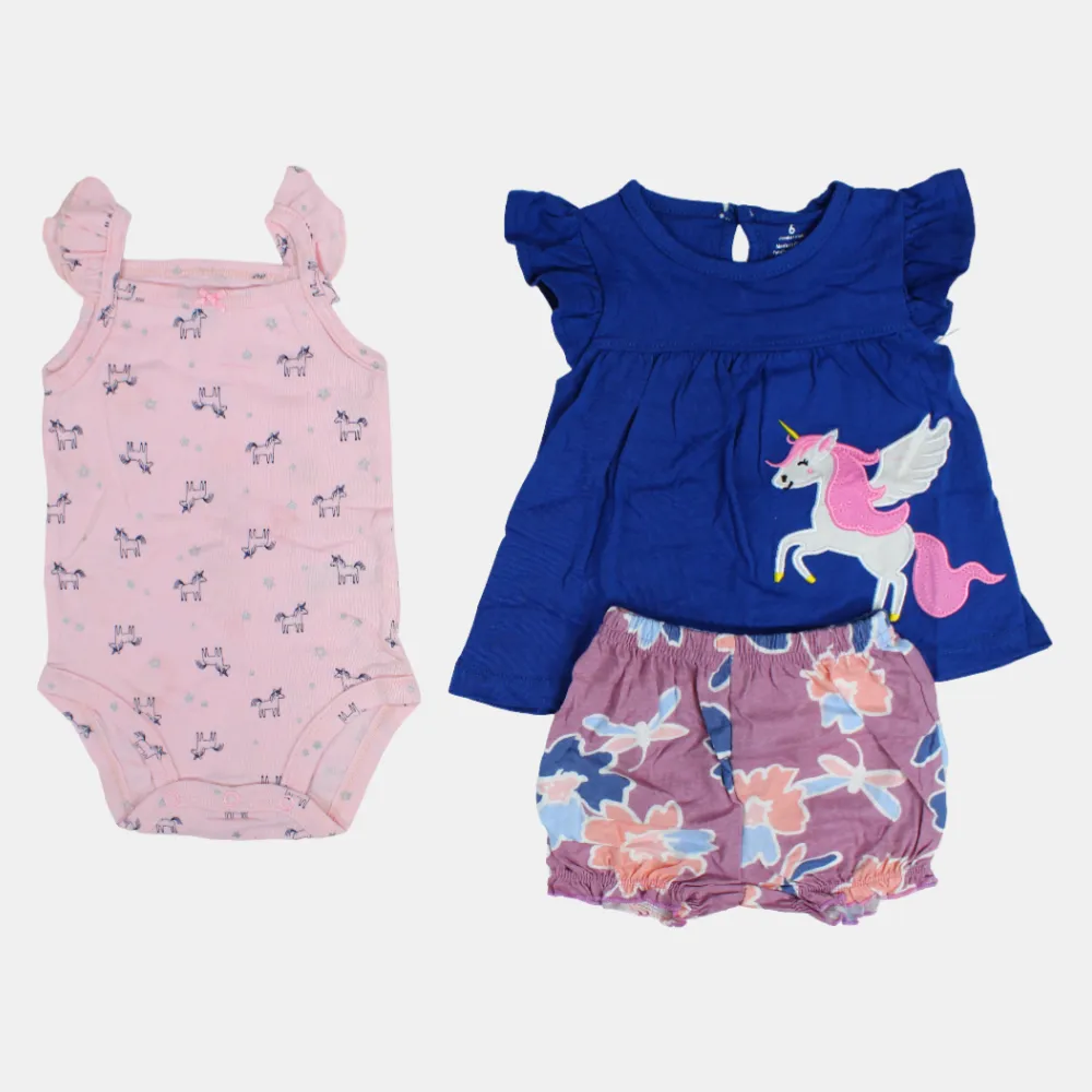 3-teiliges Baumwoll-Outfit-Set für Baby-Mädchen im Indigo-Einhorn-Design