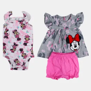 Ärmelloses Baumwoll-3-teiliges Outfit-Set für Babygirls - Grau mit Minnie Maus Design