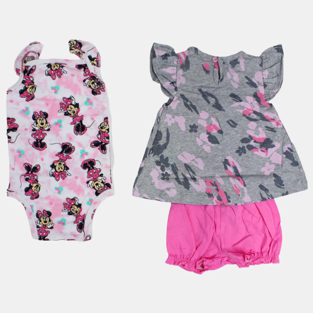 Ärmelloses Baumwoll-3-teiliges Outfit-Set für Babygirls - Grau mit Minnie Maus Design