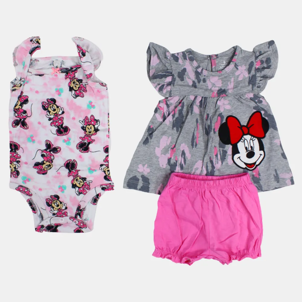 Ärmelloses Baumwoll-3-teiliges Outfit-Set für Babygirls - Grau mit Minnie Maus Design