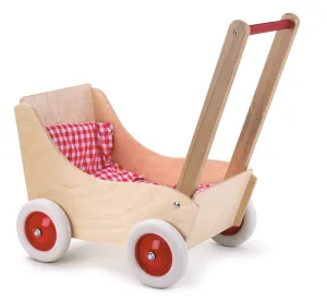 Buchenholz-Kinderwagen   Rotes Gingham-Bettzeug
