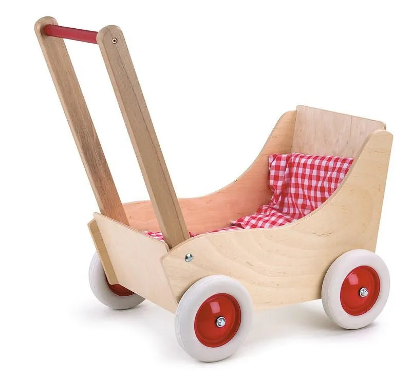 Buchenholz-Kinderwagen   Rotes Gingham-Bettzeug