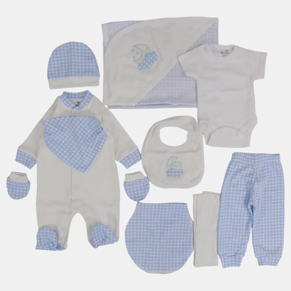 Blaues kariertes 11-teiliges Baby-Layette-Set