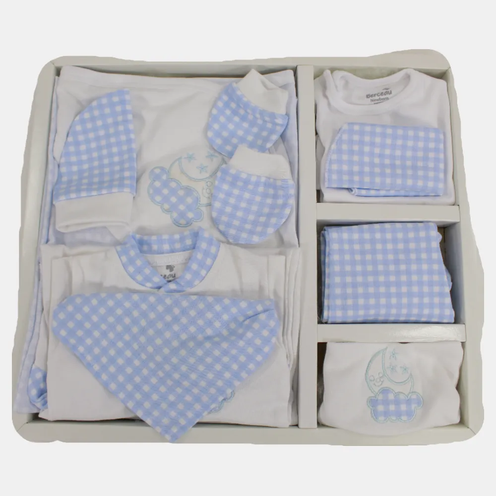 Blaues kariertes 11-teiliges Baby-Layette-Set