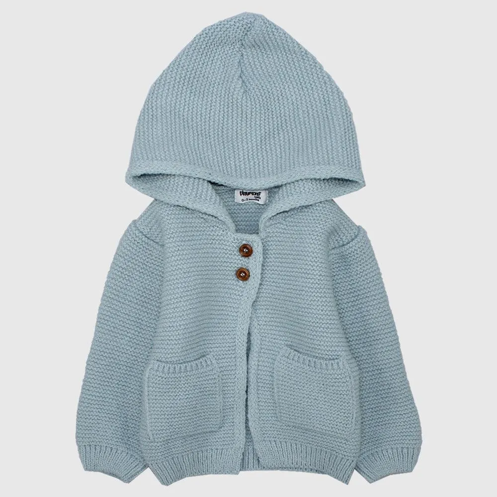 Blaue Langärmelige Kapuzen-Strickjacke