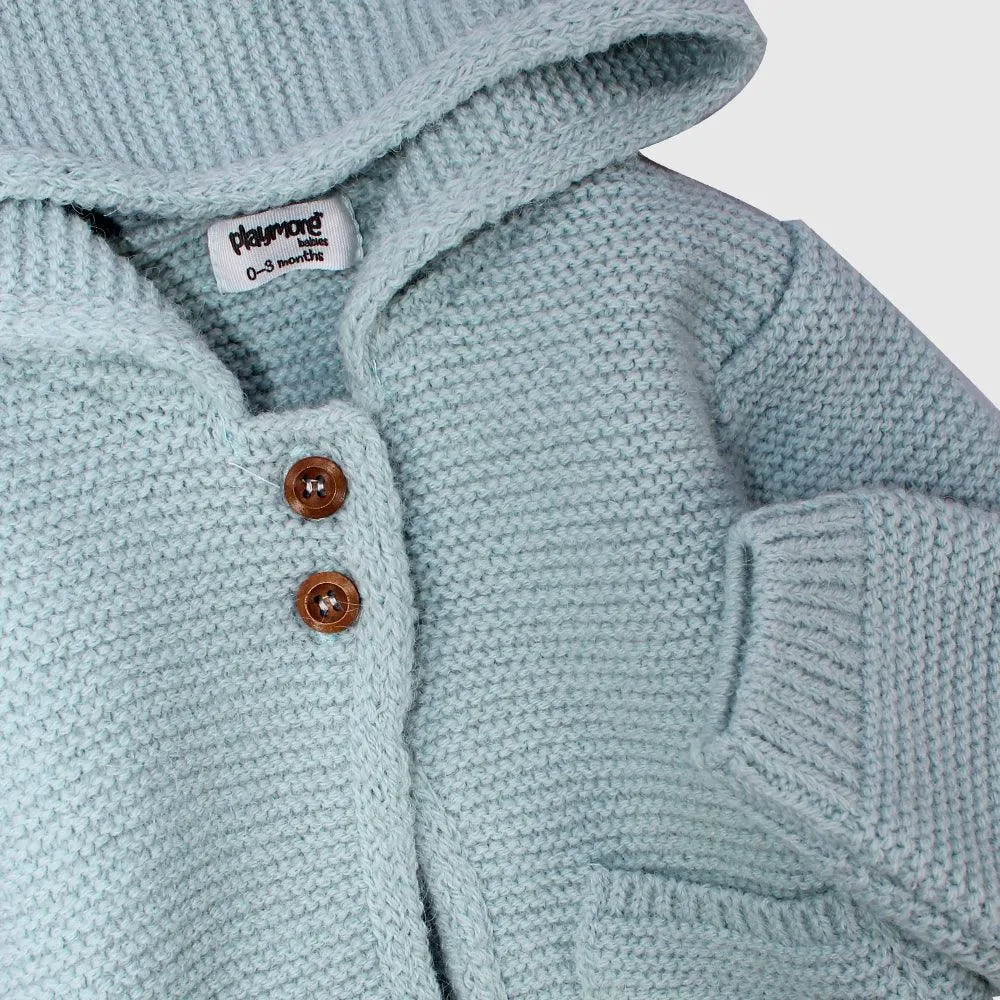 Blaue Langärmelige Kapuzen-Strickjacke