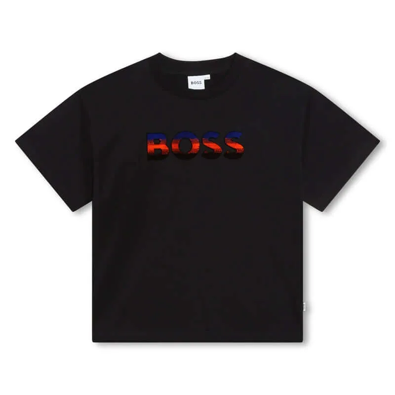 Jungen Schwarzes Kurzarm Baumwoll T-Shirt