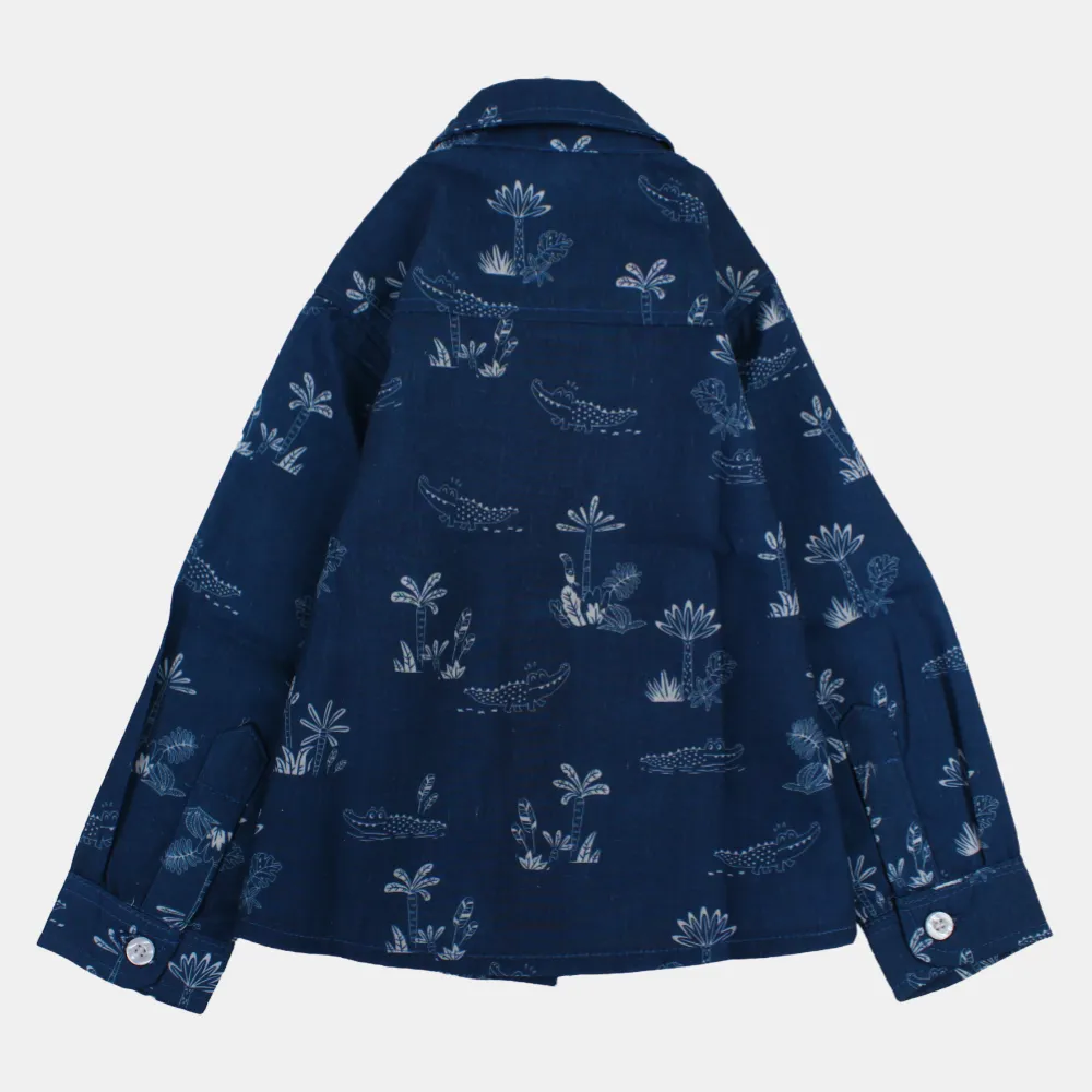 Jungen Langarm-Baumwollhemd mit fröhlichem Kroko-Print