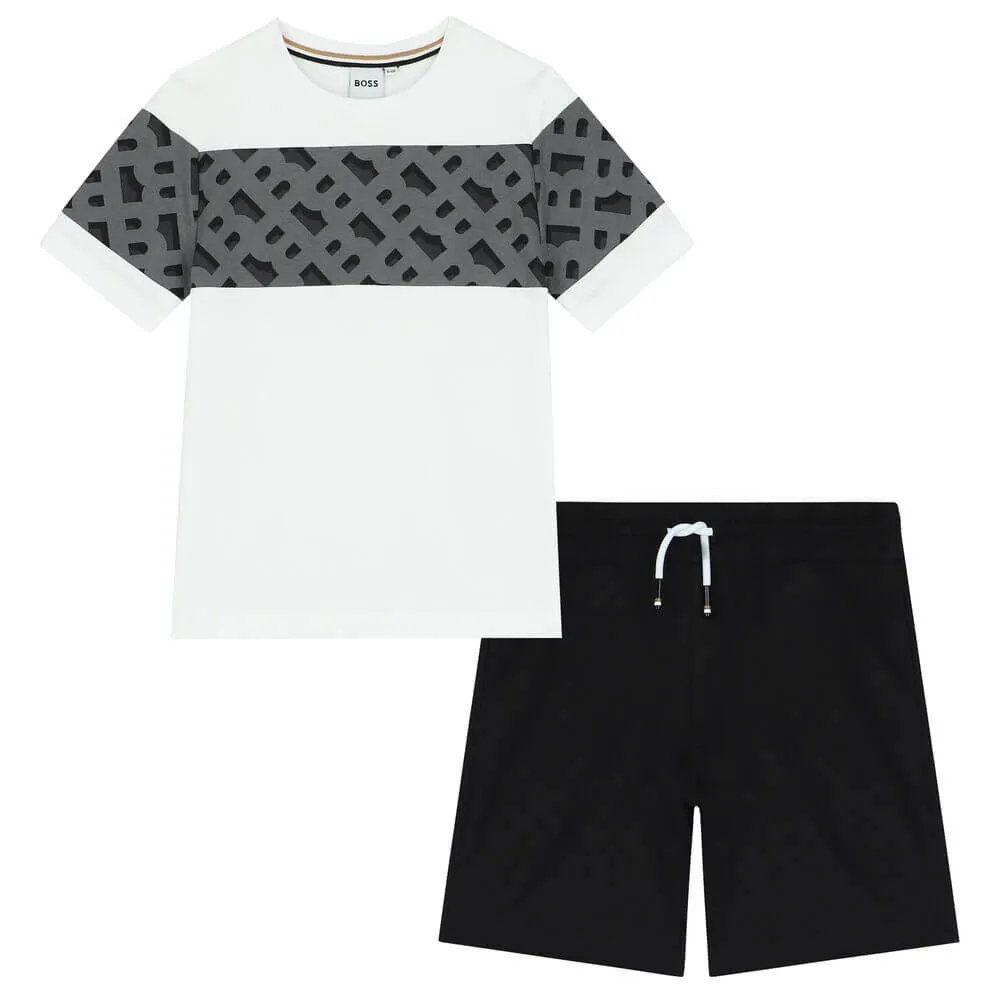 Jungen Weißes Monogramm-Print Shorts-Set