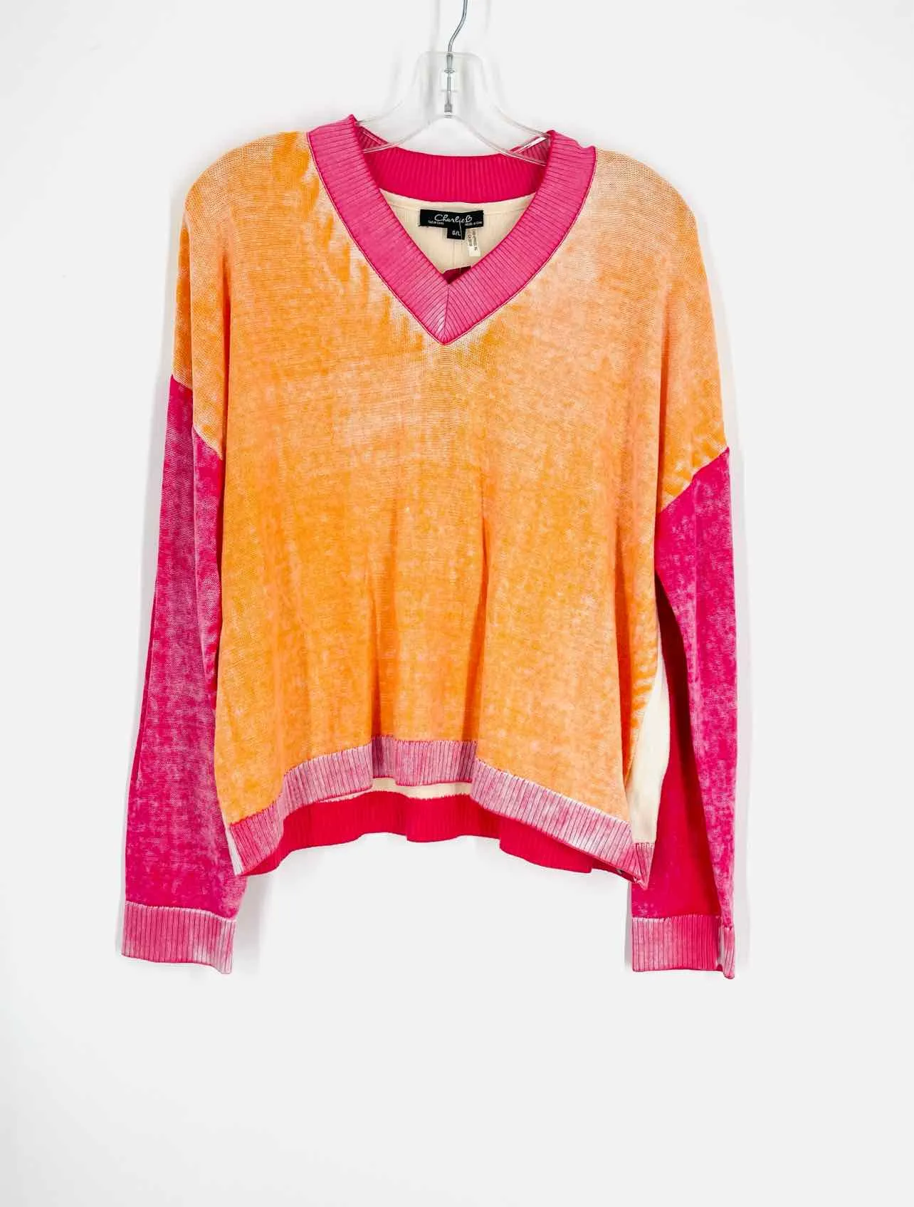 Charlie B Größe L Orange/Rosa Color Block Verblasstes Oberteil Langarm
