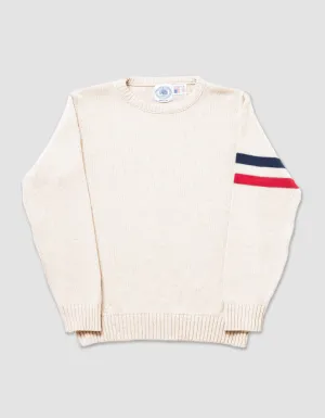 BAUMWOLL-RUNDHALSAUSSCHNITT STRICKPULLOVER MIT ÄRMELSTREIFEN - NATUR MIT MARINEBLAU/ROT