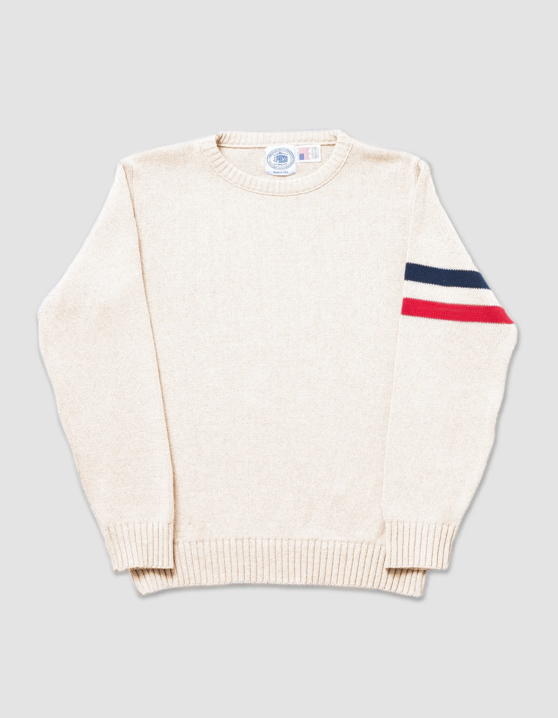 BAUMWOLL-RUNDHALSAUSSCHNITT STRICKPULLOVER MIT ÄRMELSTREIFEN - NATUR MIT MARINEBLAU/ROT