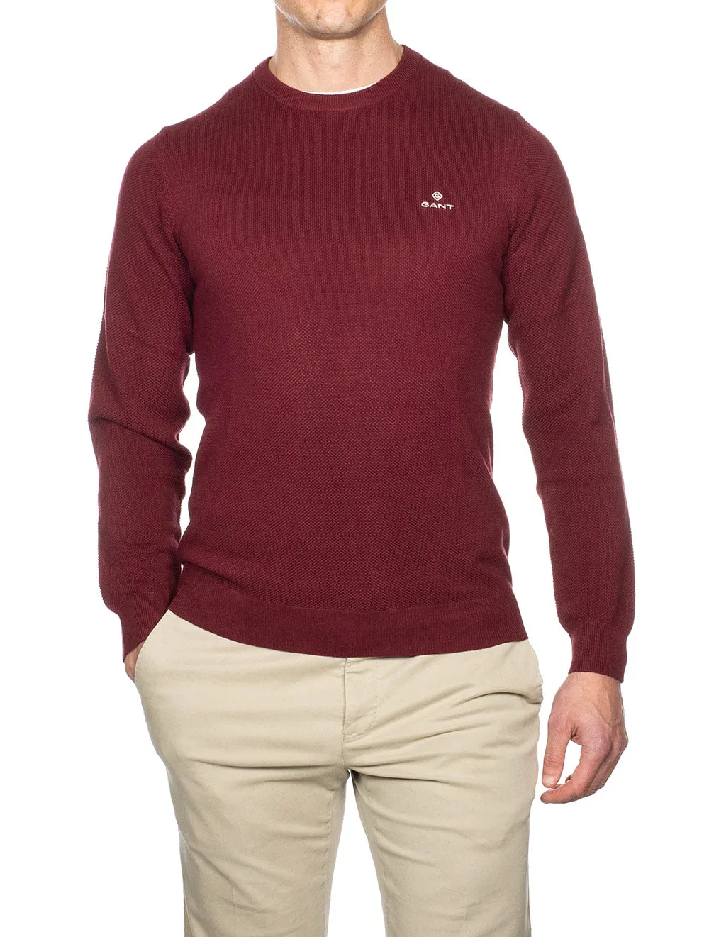 Baumwoll-Piqué Pullover mit Rundhalsausschnitt in Cabernetrot