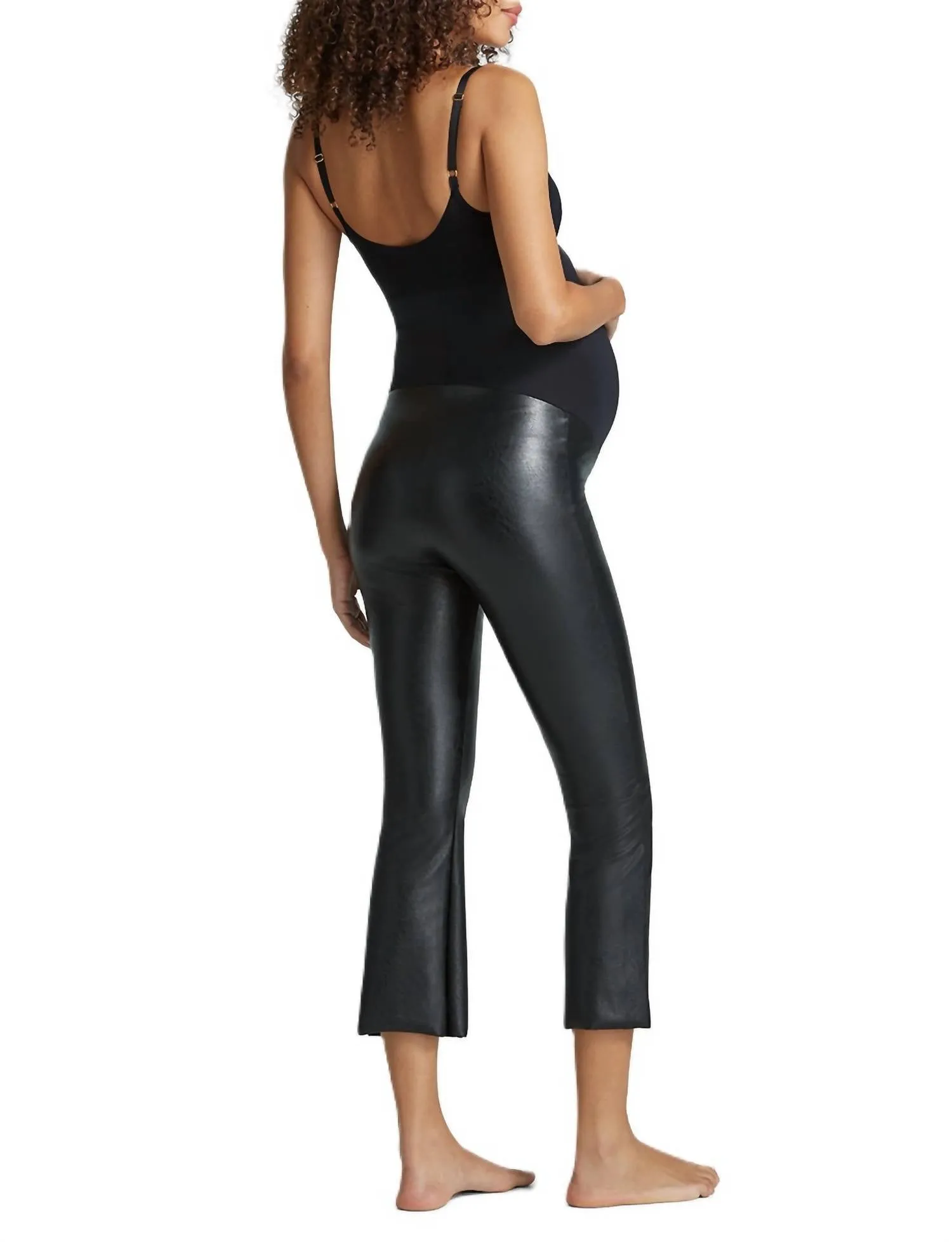 Schwarze Kunstleder-Schwangerschafts-Cropped-Flare-Legging