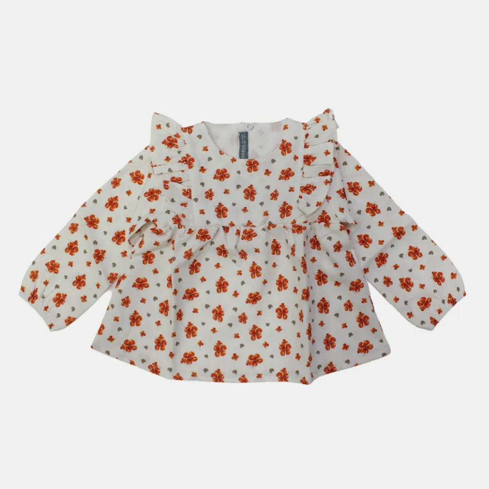 Bluse mit Blumenmuster und Rüschen an den Schultern, langärmlig