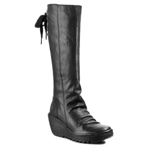 Fly London Yust Mousse Leder Damen Keilabsatz Stiefel Wadenhohe