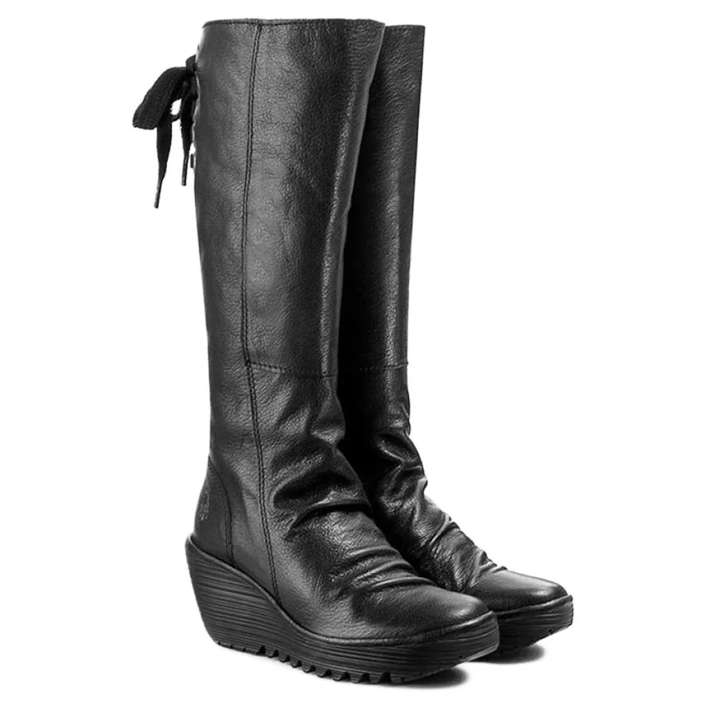 Fly London Yust Mousse Leder Damen Keilabsatz Stiefel Wadenhohe